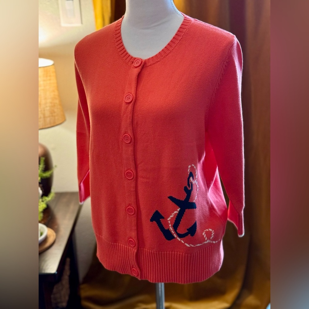 NWOT LL. Bean 100% Cotton Anchor Print Cardigan Coral 3/4 Sleeve Women's Size M